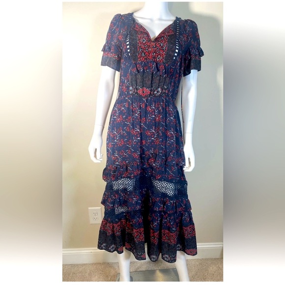Sea NY TUCKERNUCK Navy Blue Red Floral Ruffle Tiered Midi Silk Dress Sz 4 Boho - Picture 6 of 16